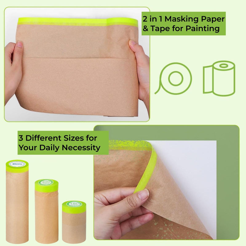 [Australia - AusPower] - KUANVE 4 Rolls Pre-Taped Masking Paper for Painting, 12 Inch x 50 Feet Tape and Drape Painters Paper, Self-Adhesive Kraft Paper Paint Protective Film for Auto Body, Home Furniture, Wall Covering 