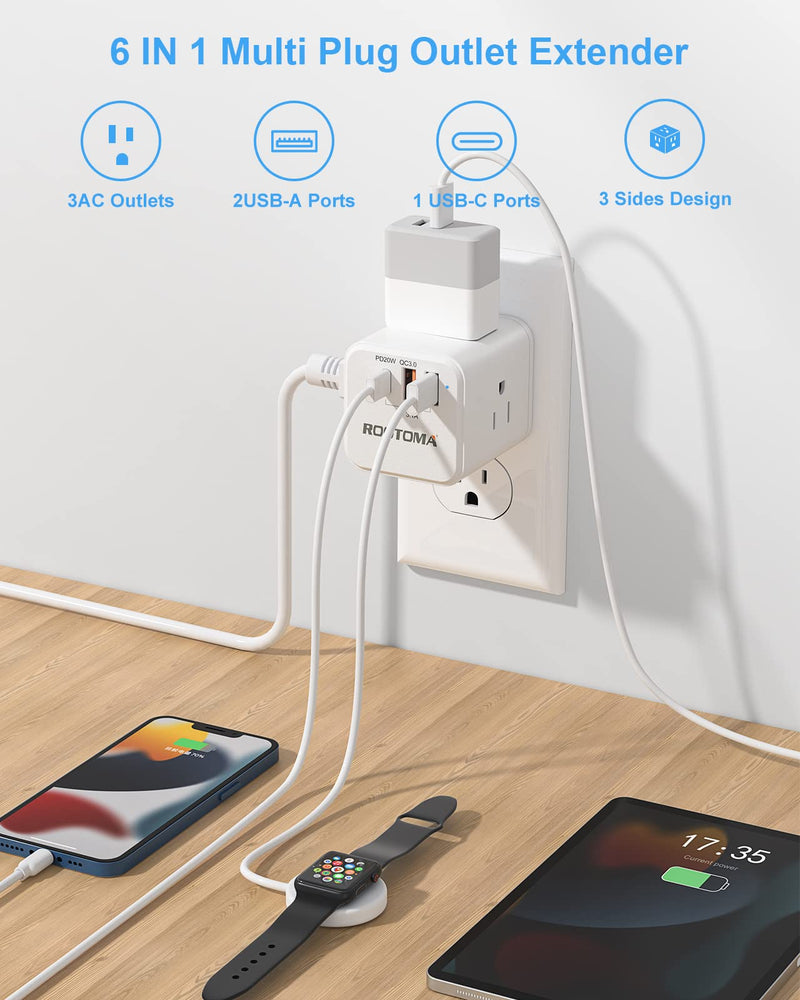 [Australia - AusPower] - USB C Outlet Extender, Multi Plug Outlet Adapter, with 3 Electrical Outlets 3 USB (QC3.0 Fast Charge & USB C PD), Power Strip Outlet Splitter with Wall Charger, for Home,Kitchen,Bedroom Cruise , White 