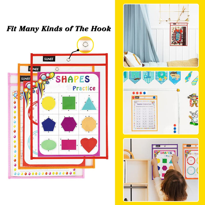 [Australia - AusPower] - SUNEE 10 Packs Oversized Reusable Dry Erase Pocket Sleeves with Binder Ring, 10 Assorted Colors 10x14 Ticket Holders, Clear Plastic Sheet Protectors, Teacher School Classroom Supplies 