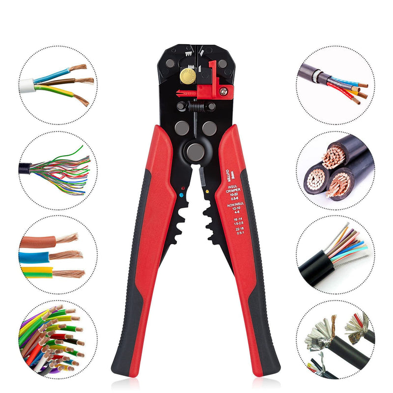 [Australia - AusPower] - 5 in 1 Self-Adjusting Wire Stripper Cutter, Wire Crimping Tool Wire Pliers for Wire Stripping, Cutting, Crimping 10-24 AWG (0.2-6.0mm²) (Red) Red 