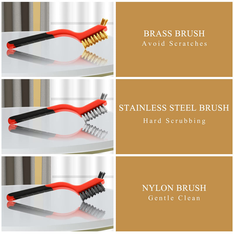 [Australia - AusPower] - Wire Brush Set, 6 Pcs Brass/Stainless Steel/Nylon Wire Brushes for Cleaning with Curved Handle Grip for Rust Removal, Dirt, Paint Scrubbing 