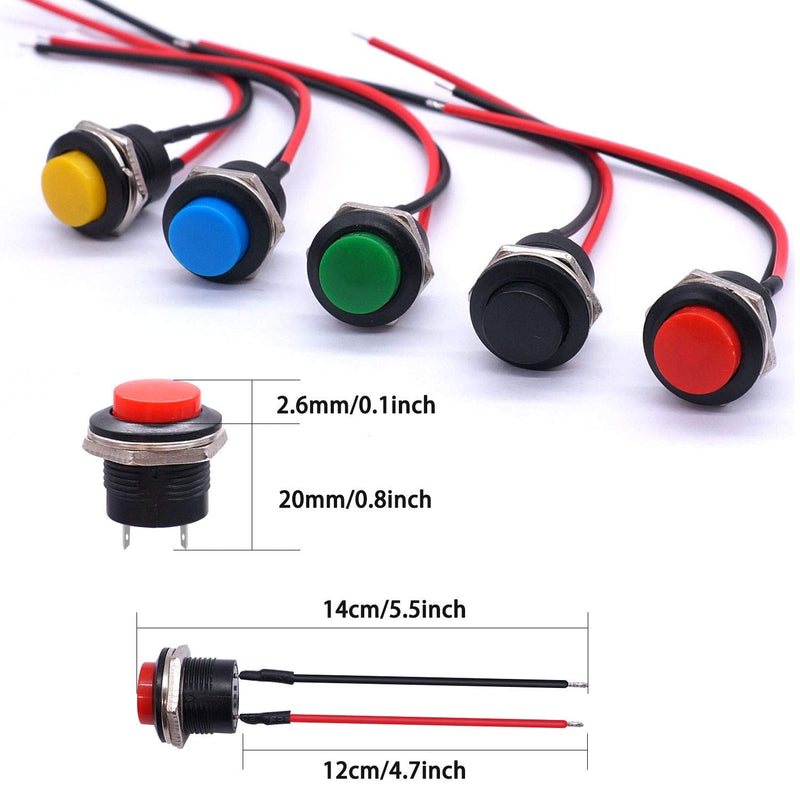 [Australia - AusPower] - weideer 5pcs 16mm Momentary Push Button Switch SPST AC250V/3A AC125V/6A ON Off 2 Pin Mini Self-Reset Round Plastic Switch(5 Colors) with Pre-soldered Wires R13-507-5-X Multicolored 