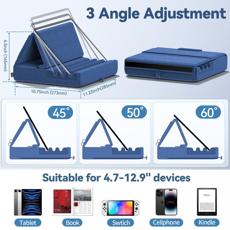 [Australia - AusPower] - KDD Tablet Pillow Holder, Foldable iPad Stand for Lap, Bed and Desk -Tablet Soft Pad Dock with Pocket & Stylus Mount Compatible with iPad Pro 12.9, 10.5, 9.7 Air Mini 6 5 4 3, Kindle, E-Reader, Blue 