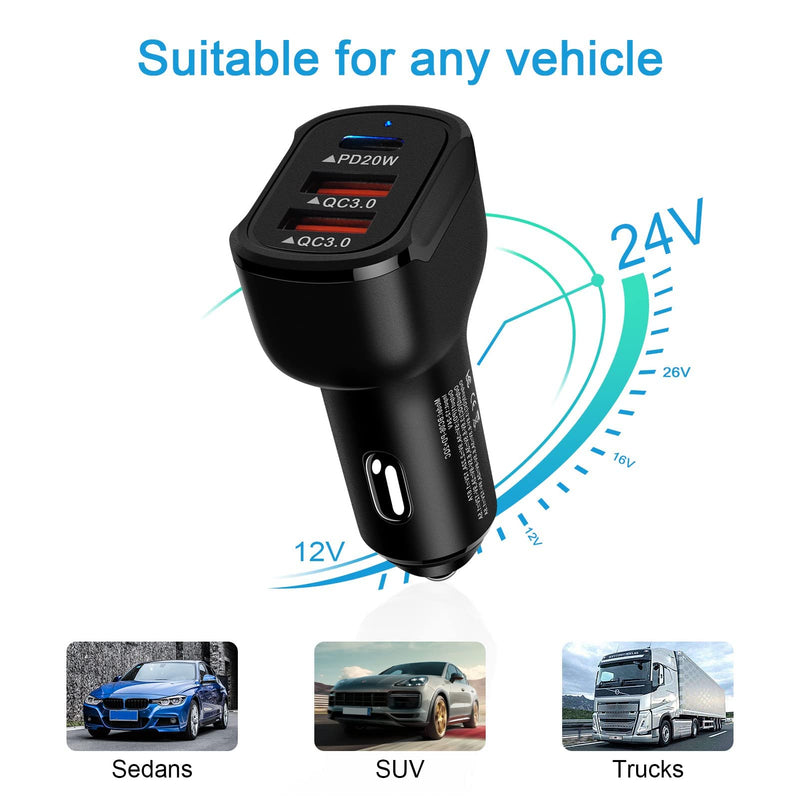 [Australia - AusPower] - 56W Fast Car Charger，3 Port USB C Car Charger Dual QC 3.0 18W & PD 20W Car Charger Adapter Compatible with iPhone 13/12 pro/pro max/mini/11/XS/XR/X/SE, Samsung Galaxy S21/S20 Ultra/S21+/S20+/Note20/10 