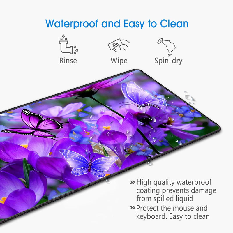 [Australia - AusPower] - Luasao Desk Pad Mat Gaming Mouse Pads with Coasters, Stitched Edges Design Mouse Pad XXL Large Mouse Pad for Laptop Computers Purple Flowers and Butterflies Desk Writing Mat for Office & Home 