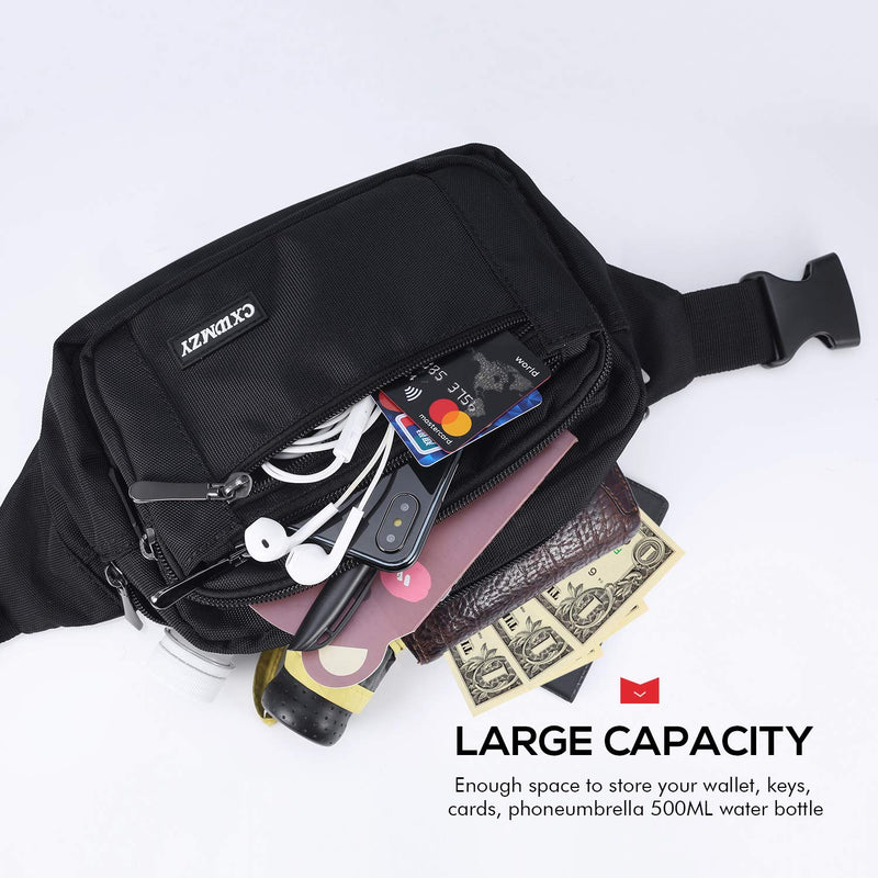 [Australia - AusPower] - CXWMZY Waist Pack Bag Fanny Pack for Men&Women Hip Bum Bag with Large Capacity Waterproof Adjustable Strap Suitable for Outdoors Workout Traveling Casual Running Hiking Cycling Dog Walking Fishing Black 