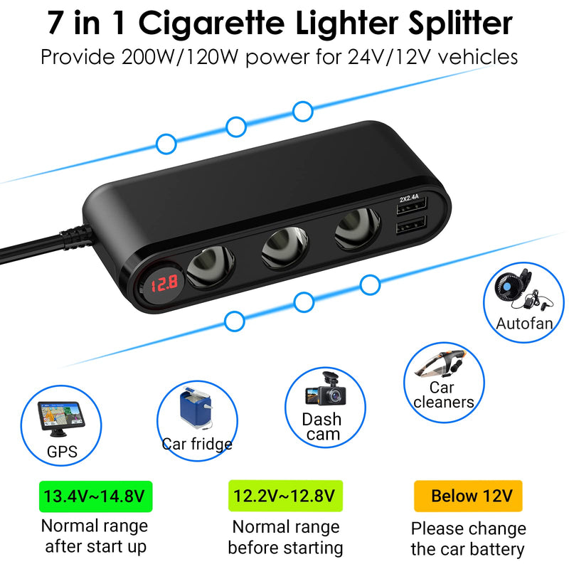 [Australia - AusPower] - Cigarette Lighter Splitter 3 Socket, 200W Cigarette Lighter Adapter with 20W PD3.0 USB C Car Charger, 18W QC3.0 Voltmeter Switch Outlet 12V/24V for Mobile Phone GPS Dash Cam 