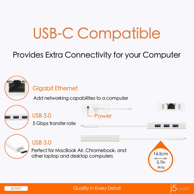 [Australia - AusPower] - j5create USB Type-C Hub Adapter with Gigabit Ethernet and 3X USB 3.0 Ports 