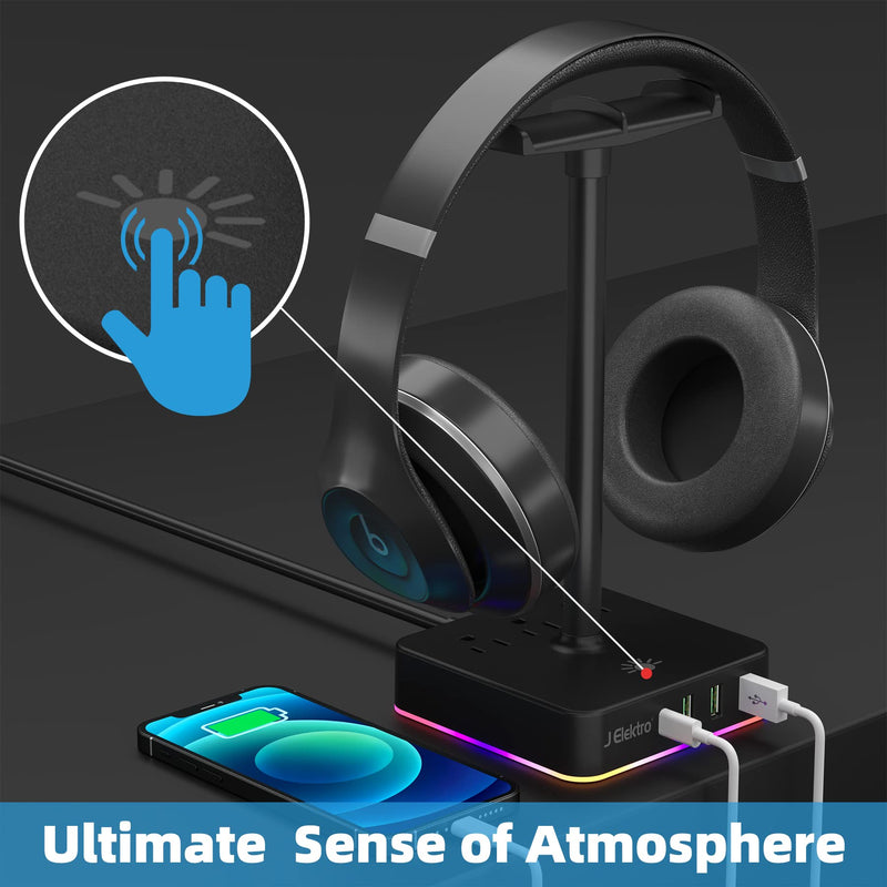 [Australia - AusPower] - Headphone Stand and Power Strip 2-in-1 ， 3 USB Charging Ports and 1 Type-C Charging Port, 3 Power Outlets, RGB Lighting, Headphone Hanger Accessories for Desktop Gamers 