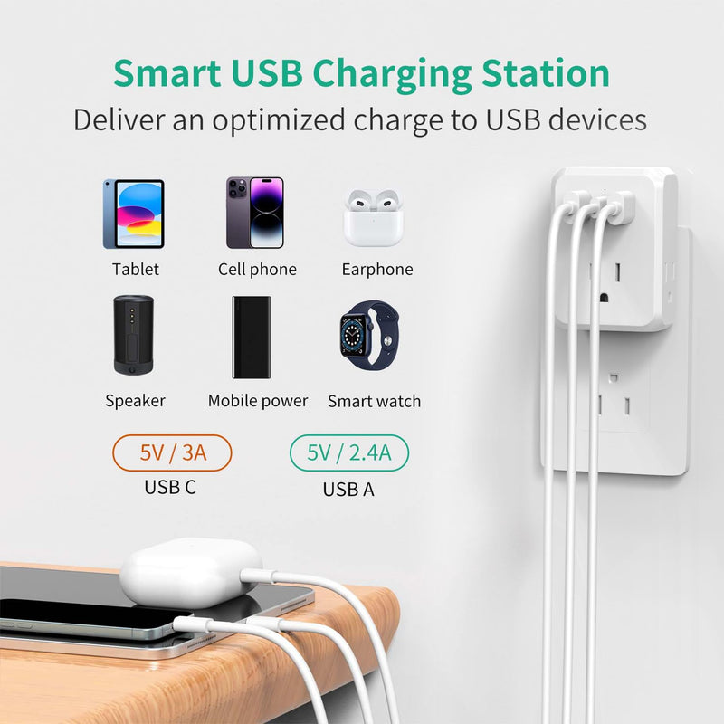 [Australia - AusPower] - Multi Plug Outlet Extender with USB, HICITY USB Wall Charger Multiple Outlet with 3 AC Outlet, 2 USB A&1 USB C Ports, Outlet Splitter Plug Expander for Cruise Ship Home Office Dorm Room 