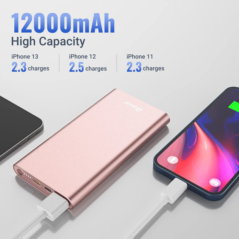 [Australia - AusPower] - BONAI Portable Charger, (Aluminum)(Powerful) 12000mAh Power Bank, USB C High-Speed 3.0A Input/Output External Battery Pack Compatible with iPhone 13/13 Pro Max/12/12 PM iPad Samsung Android-Blush Gold Blush Gold 