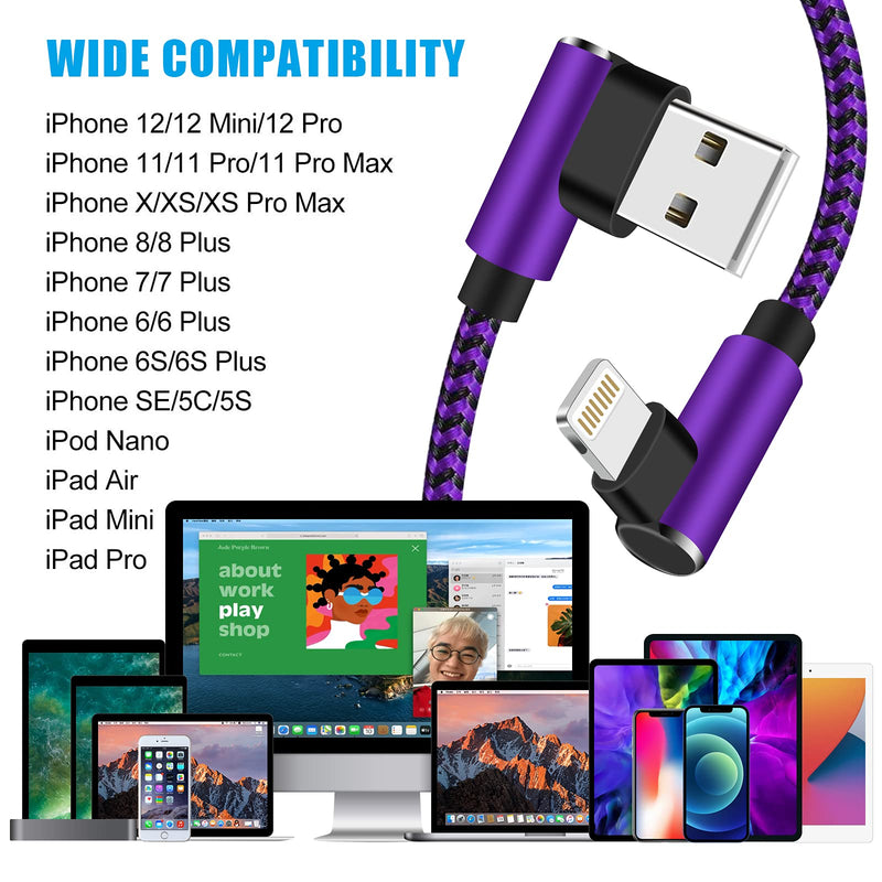 [Australia - AusPower] - iPhone Charger 10 ft MFi Certified 3 Pack Right Angle Lightning Cable Nylon Braided 90 Degree iPhone Cable Cable for iPhone 13 12 11 Pro X XS XR 8 Plus 7 6 5(Purple Black, 10 Foot) Purple Black 