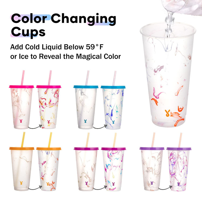 [Australia - AusPower] - Meoky Color Changing Cups with Lids and Straws - 5 Pack 24 oz Plastic Tumblers with Lids and Straws Bulk, Reusable Cups with Lids and Straws for Kids Women Party, Cute Cold Cups for Iced Coffee(Swirl) Swirl Color 