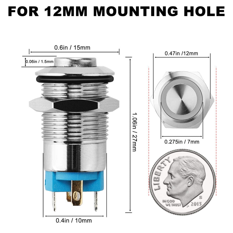 [Australia - AusPower] - 12V 24V 12mm Latching Push Button Switch with High Round Cap, Waterproof Metal Pushbutton Switch Stainless Steel 1NO1NC SPST ON/OFF Self-Locking Marine Switch for 1/2" Mounting Hole (5PCS, Blue Light) Upgraded 12mm 