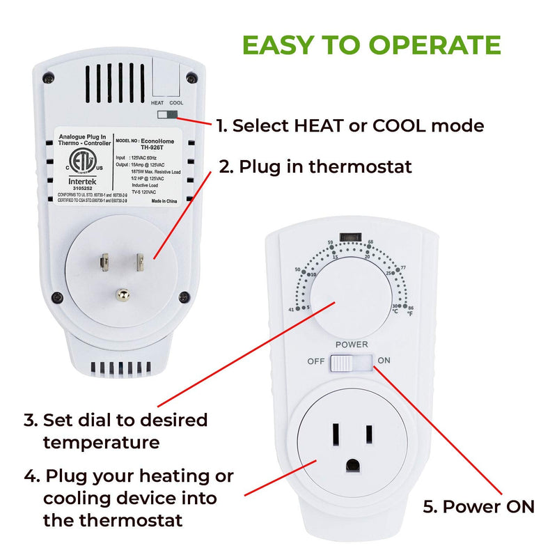 [Australia - AusPower] - EconoHome Adjustable Thermostat - Universal Plugin Heating & Cooling Thermostat - Compatible with Most EconoHome Wall Mount Space Heaters 