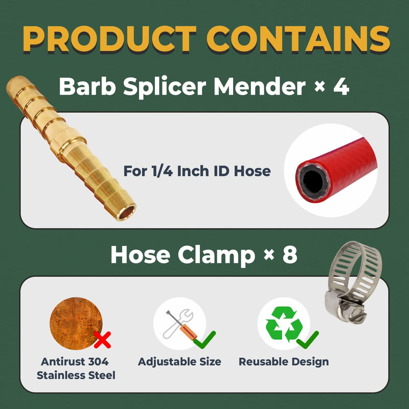 [Australia - AusPower] - Brass Barb Union Fittings, LIONMAX Barb Splicer Mender Hose Fittings 4 PCS, 1/4 Inch to 1/4 Inch Barb Hose ID, with 8 Hose Clamps, for Air/Water/Fuel/Oil 