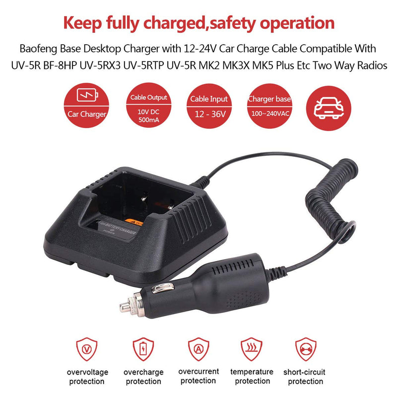 [Australia - AusPower] - Baofeng Base Desktop Charger with 12-24V Car Charge Cable for Baofeng UV-5R BF-8HP UV-5RX3 UV-5RTP UV-5R MK2 MK3X MK5 Plus Etc Two Way Radio 