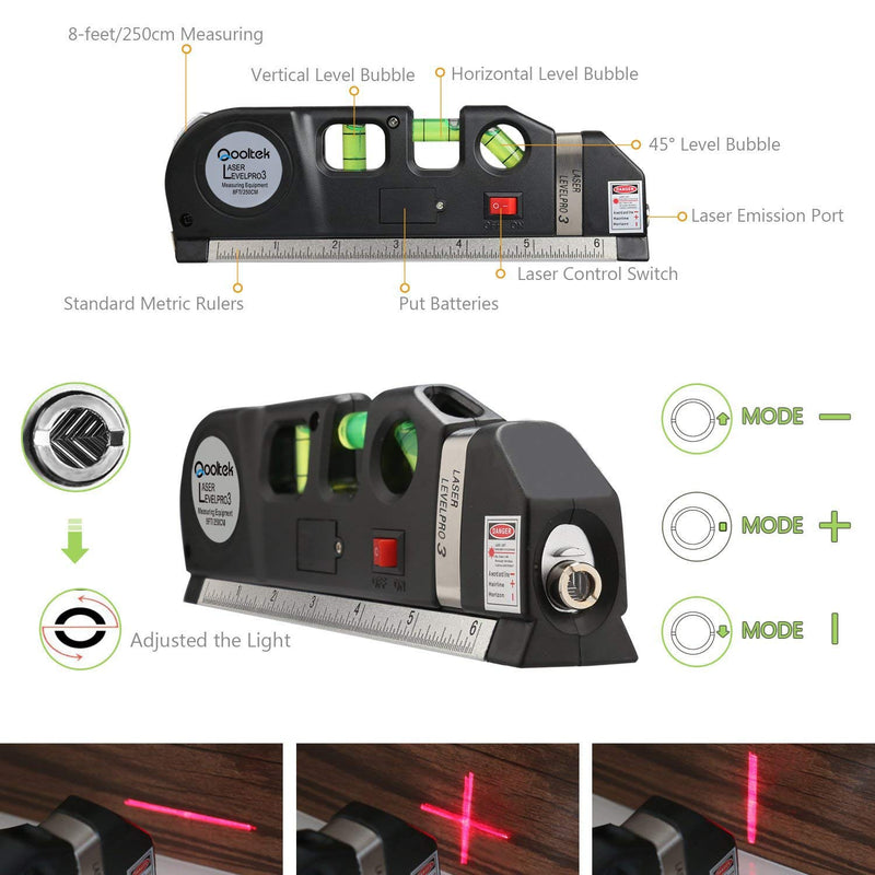 [Australia - AusPower] - Qooltek Multipurpose Laser Level Laser Line 8 feet Measure Tape Ruler Adjusted Standard and Metric Rulers for hanging pictures 