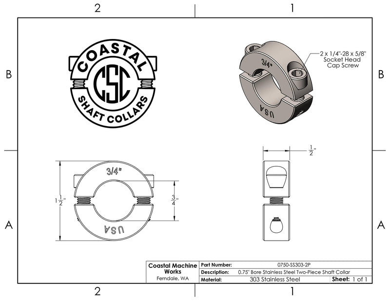 [Australia - AusPower] - Coastal Shaft Collars - 0.75" Bore Diameter - Clamping Two Piece Shaft Collar - 303 Stainless Steel (2 Pack) 2 