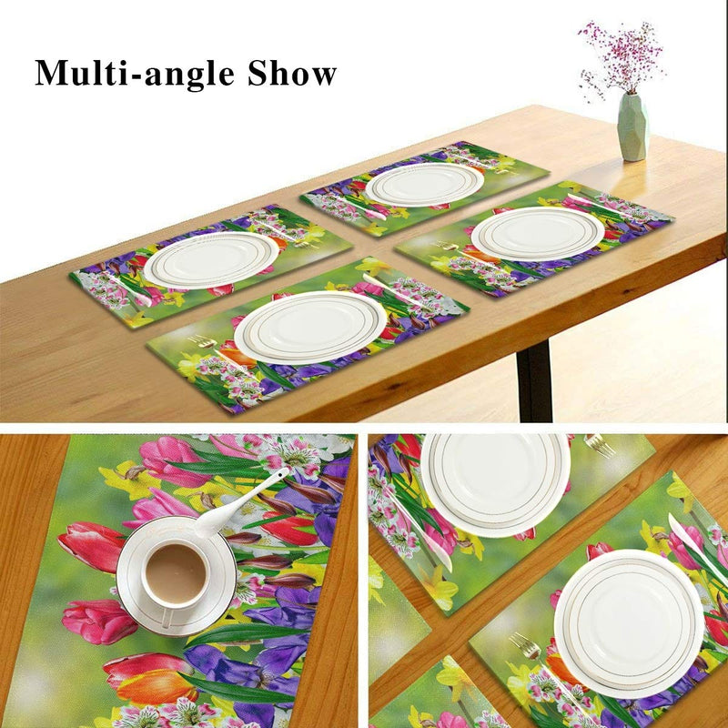 [Australia - AusPower] - Vdsrup Spring Tulips Flowers Placemats Set of 4 Summer Daffodils Daisy Florals Table Mats Burlap Placemat Washable Non-Slip Heat Resistant Place Mats for Party Kitchen Dining Decorations 12 X 18 Inch 4PCS 
