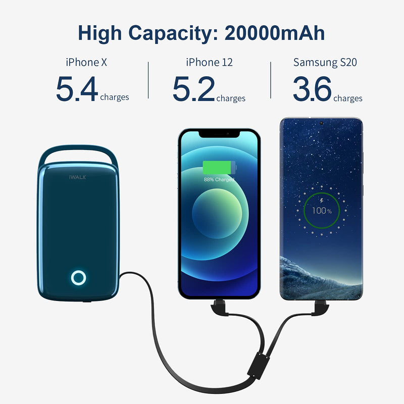[Australia - AusPower] - iWALK Portable Charger 20000mah 18W PD Power Bank with Built in USB C Cable Compatible with iPhone13/13 Pro Max/12 Mini/12 Pro Max/11/Xs,iPad,Samsung,LG, Fast Charging for Outdoor Activities,Blue Blue 