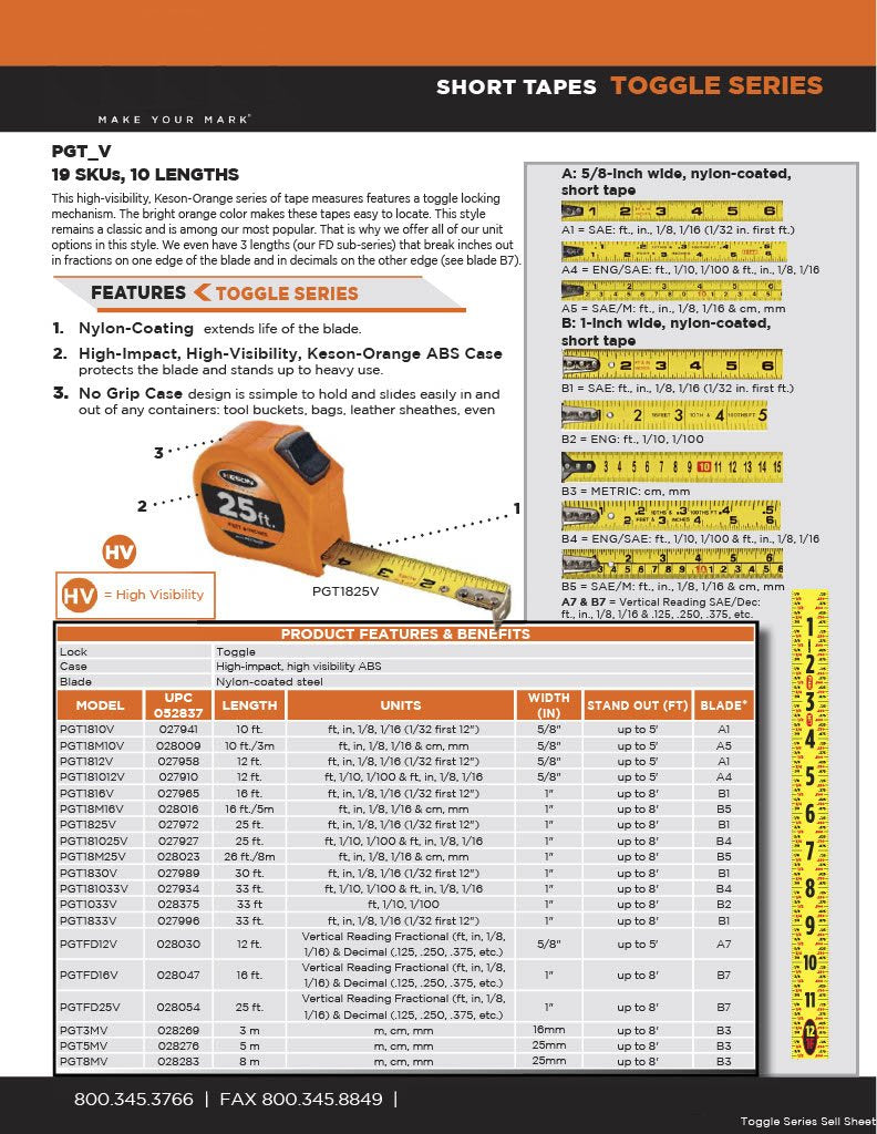 [Australia - AusPower] - Keson PGTFD25V Short Tape Measure with Nylon Coated Steel Blade and Toggle Lock (Graduations: Fractional & Decimal), 1-Inch by 25-Foot 25 ft. Length x 1" Width 