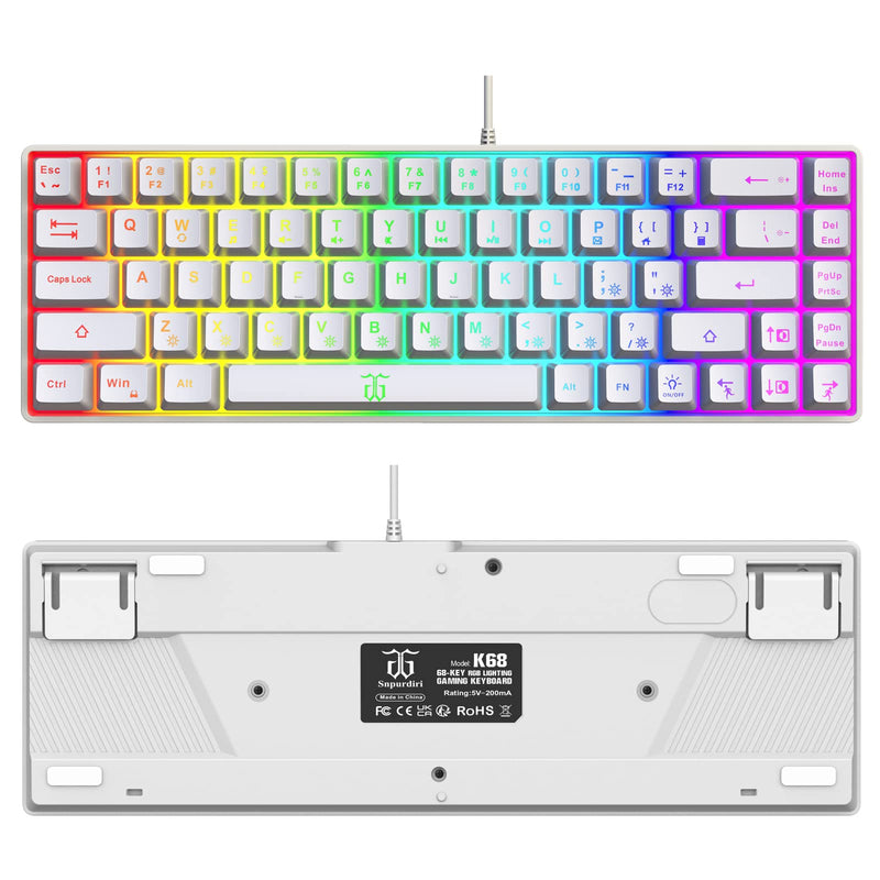 [Australia - AusPower] - Snpurdiri 60% Percent Gaming Keyboard, Ergonomic Small Mini Gaming Keyboard, Compact RGB Backlit Keyboard for Windows, PC, Laptop, Gaming (68 Keys, White) 