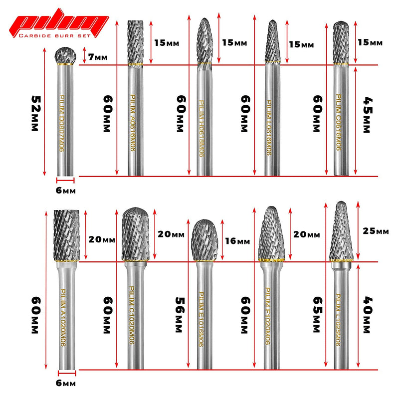 [Australia - AusPower] - Tungsten Carbide Burr Set 1/4" Shank 10PC Double Cut Rotary Cutting Burrs Die Grinder Bits for Steel and Wood Working, Grinding, Carving, and Engraving 