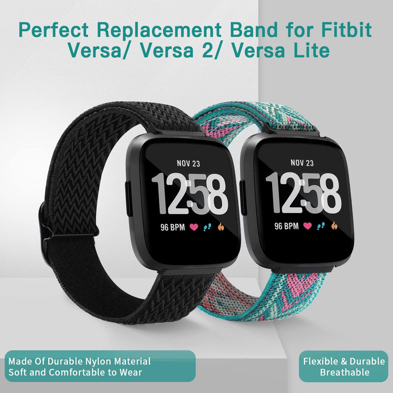 [Australia - AusPower] - Welltin 2 Pack Bands Compatible with Fitbit Versa / Fitbit Versa 2 / Fitbit Versa Lite for Women Men, Breathable Woven Fabric Strap, Adjustable Replacement Wristband for Fitbit Versa Smart Watch Black/Green Arrow One size 