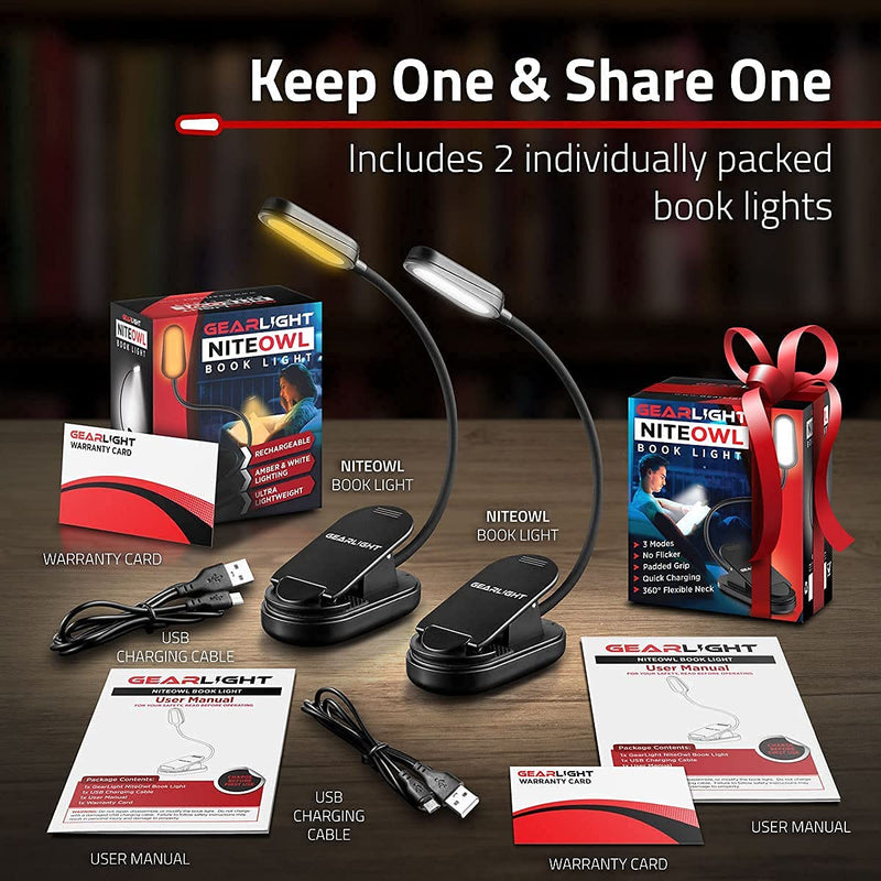 [Australia - AusPower] - GearLight NiteOwl Book Light for Reading in Bed - 2 Small, Rechargeable LED Clip on Lights with 3 Lamp Modes and 360-Degree Adjustable Neck to Read at Night﻿ 