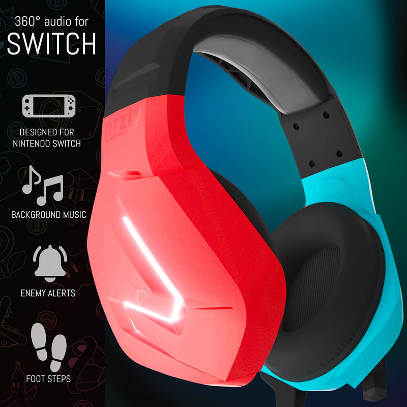 [Australia - AusPower] - Orzly Gaming Headset (Red/Blue) with Mic Compatible for Nintendo Switch OLED and Lite Joycon Color Match with Led Light Microphone & Remote - Hornet RXH-20 Tanami Edition Red/Blue 