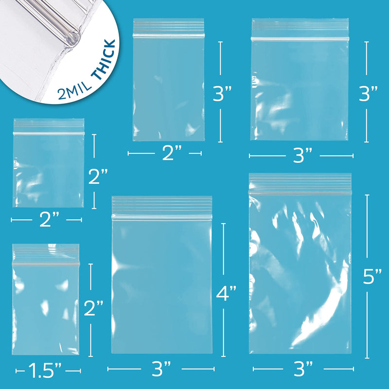 [Australia - AusPower] - ASSORTED CLEAR PLASTIC ZIP BAGS - GPI 600 Pack - 2 mil, 6 Sizes, 1.5x2 - 2x2 - 2x3 - 3x3 - 3x4-3x5, Durable Poly Baggies, Resealable Lock For Jewelry, Storage, Packaging & Shipping. 1.5x2 - 2x2-2x3 - 3x3 - 3x4 - 3"x5" 