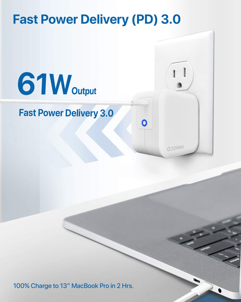 [Australia - AusPower] - OCOMMO MacBook Pro USB C Charger [GaN Tech] 61W Fast Charging Power Delivery (PD 3.0) Compact Power Adapter with Foldable Plug for iPhone 11, Pro, Max, iPad Pro with Type-C, Samsung (White) White 