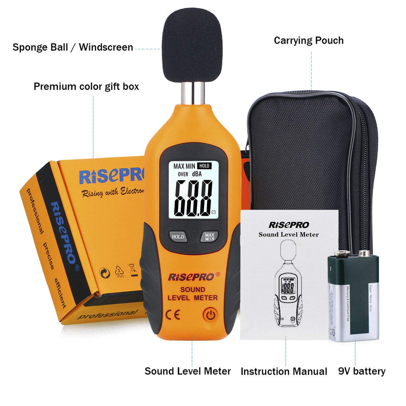 [Australia - AusPower] - RISEPRO Decibel Meter, Digital Sound Level Meter 30 – 130 dB Audio Noise Measure Device Backlight MAX/MIN, Data Hold Auto Power Off Dual Ranges HT-80A 