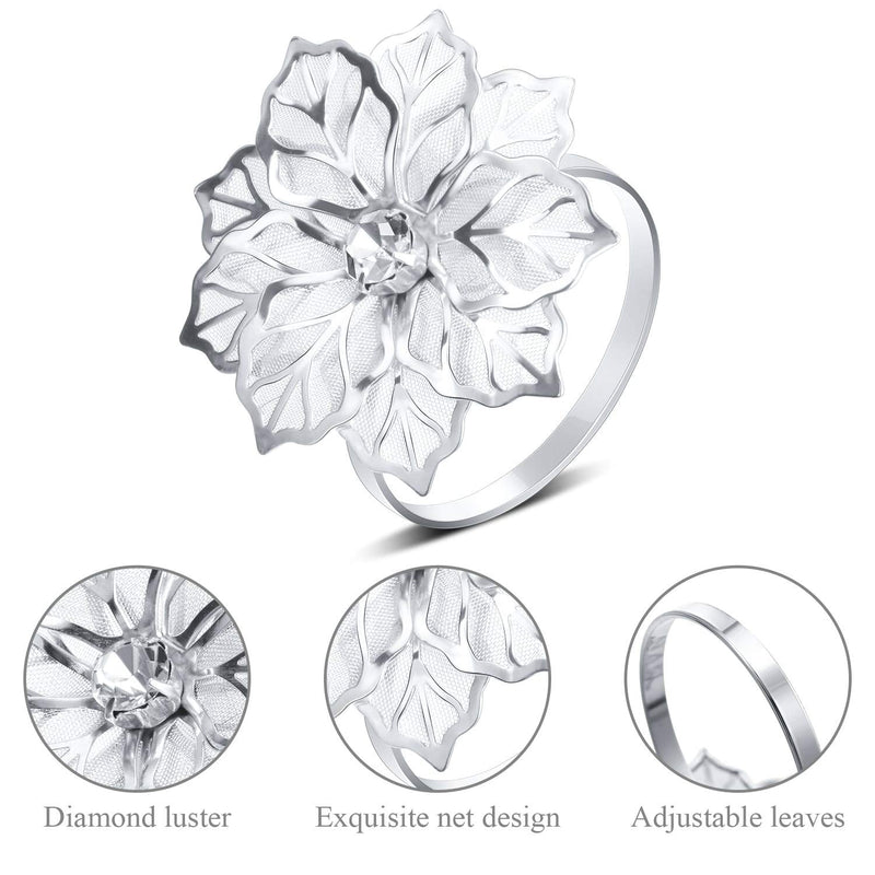 [Australia - AusPower] - Patelai 6 Pieces Alloy Napkin Rings with Hollow Flower Napkin Holder Adornment Exquisite Napkins Rings Set Rhinestone Napkin Rings for Wedding Banquet Dinner Decor Favor (Silver) Silver 