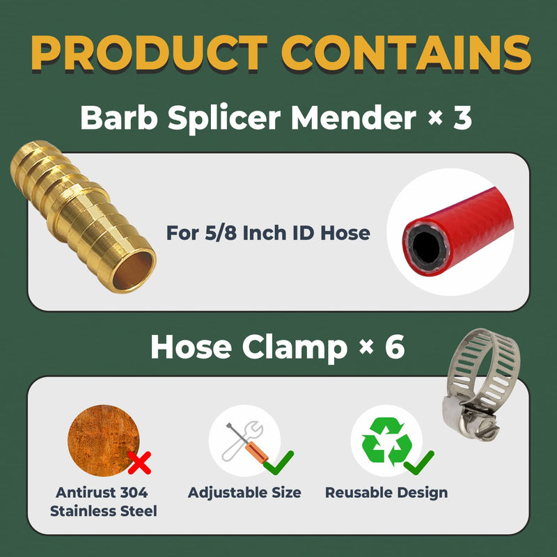 [Australia - AusPower] - LIONMAX Hose Barb Fitting 3 PCS, 5/8 Inch to 5/8 Inch Barb Hose ID, Barb Splicer Mender, Brass Barb Union Hose Fittings, with 6 Hose Clamps, for Air/Water/Fuel/Oil 