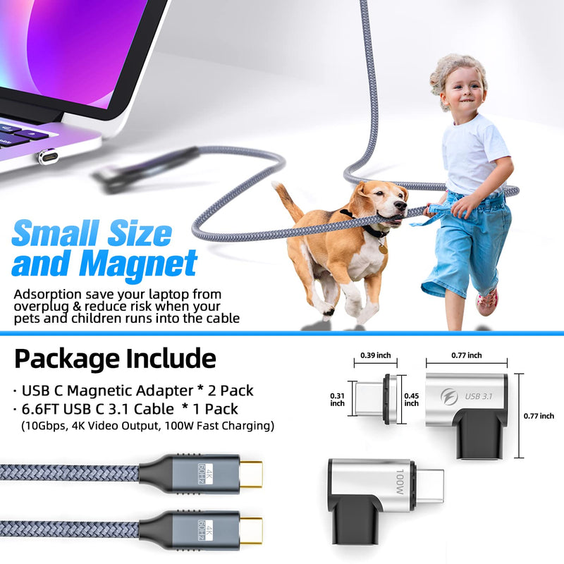 [Australia - AusPower] - 2Pack USB C Magnetic Adapter 24Pin Magnetic USB C Adapter with 6.6FT USB C 3.1 Cable Support PD 100W Quick Charge, USB 3.1 10Gbps Data Transfer, 4K@60Hz Video Output for MacBook Pro/Air USB-C Laptop 