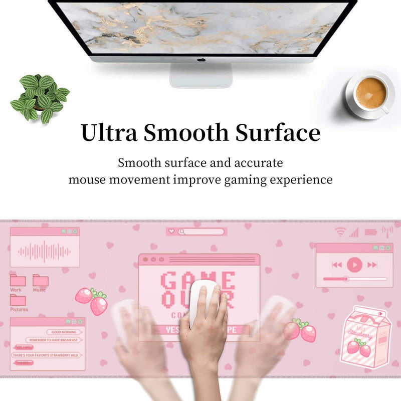 [Australia - AusPower] - Pink Game Strawberry Milk Gaming Mouse Pad XL, Large Extended Mousepad Desk Pad, Long Nonslip Rubber Mice Mats Stitched Edges Playmat for Office Home Gamer, 31.5x11.8 Inch Pink Game Strawberry Milk 