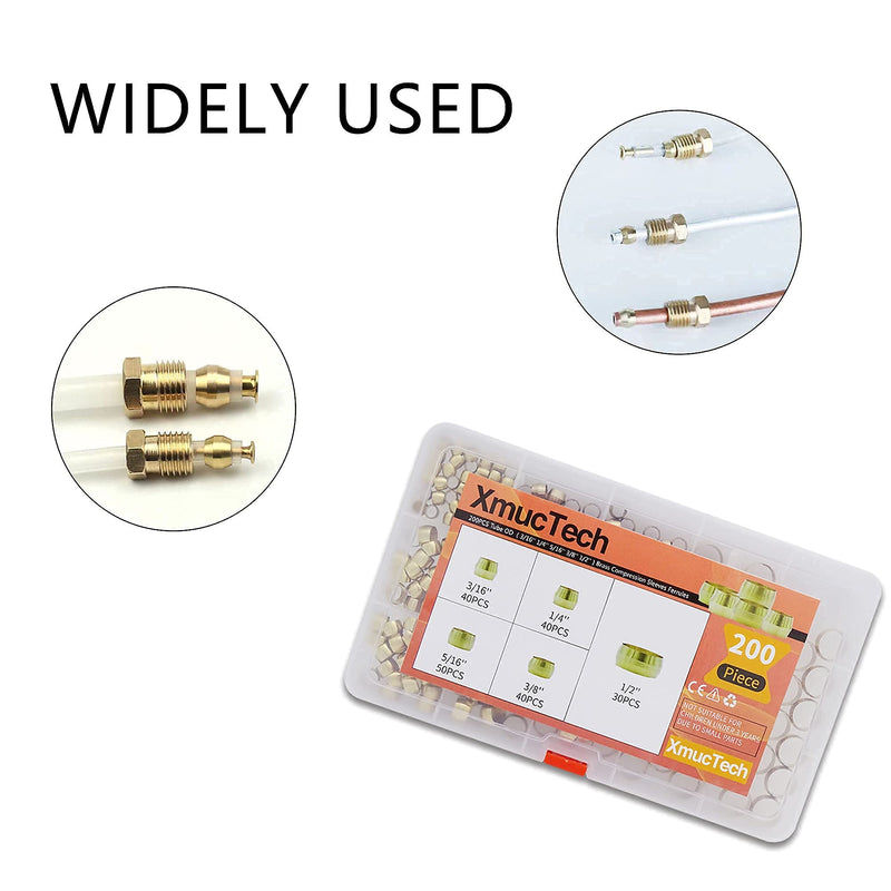 [Australia - AusPower] - XmucTech, 200PCS Brass Compression Fitting Ferrule Sleeve, 5 Sizes OD（316In 14In 516In 38In 12In) Assortment Kit 
