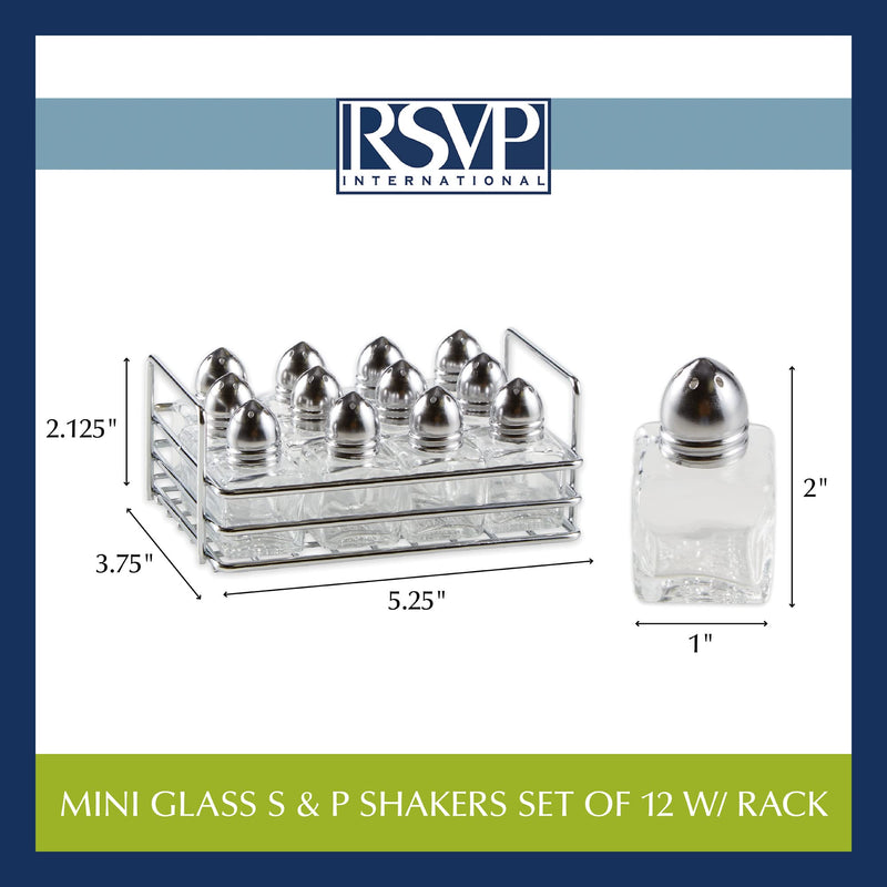 [Australia - AusPower] - RSVP International Mini Glass Salt & Pepper Set Holder Included, 12 Shakers, Chrome and Stainless Steel 