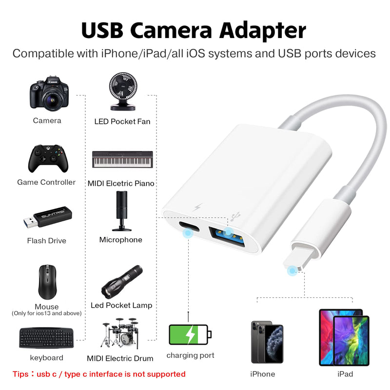 [Australia - AusPower] - USB Camera Adapter, USB Female OTG Adapter Compatible with iPhone iPad, Portable USB Adapter for iPhone with Charging Port, No Application, Plug and Play 