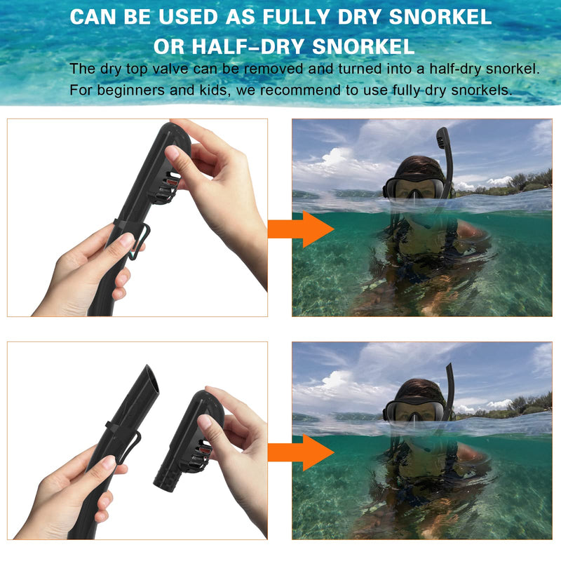 [Australia - AusPower] - Bairuifu Diving Dry Snorkel, J-Shape Full Food-Grade Silicone Freediving Snorkel for Snorkeling Scuba Diving Freediving Swimming, Dry Top Snorkeling Black Dry top valve 