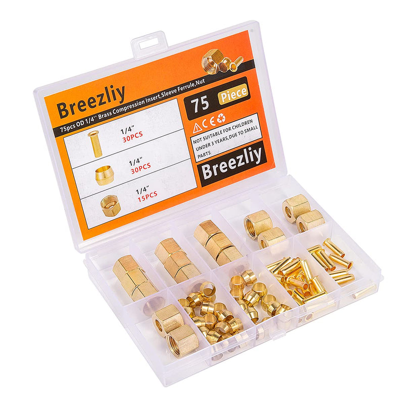 [Australia - AusPower] - Breezliy 1/4 Inch OD Brass Compression Insert,Sleeve Ferrule,Nut 75PCS 75pcs 1/4 Assortment Kit 