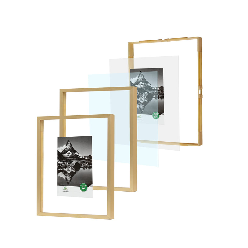 [Australia - AusPower] - FrameWorks - Deluxe Brass Gold Aluminum Contemporary Style Floating Picture Frame with Tempered Glass, 8 inch x10 inch float to 4 inch x6 inch 8"x10" float to 4"x6" 