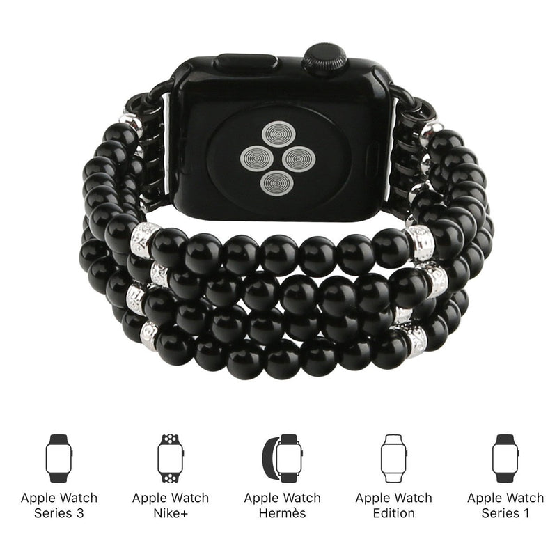 [Australia - AusPower] - GEMEK Compatible with Apple Watch Band 38mm 42mm Women iWatch Bands Series 7/6/5/4/3/2/1, Handmade Beaded Elastic Stretch Pearl Bracelet Replacement Strap for Girls Wristband Black 42mm/44mm/45mm 
