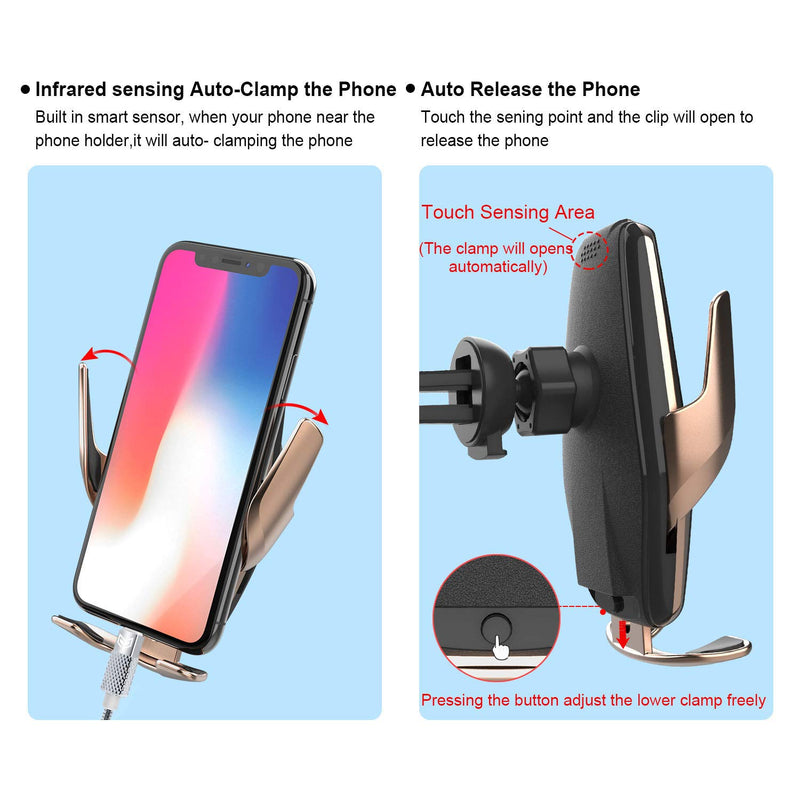 [Australia - AusPower] - Auto-Clamping Wireless Car Charger Mount,Yianerm 2 in 1 Qi 15W/10W/7.5W Fast Wireless Inductive Air Vent/Dashboard Mount Phone Holder Compatible with iPhone 8/8P/X Samsung Galaxy S9+/S8+/S7 Gold 