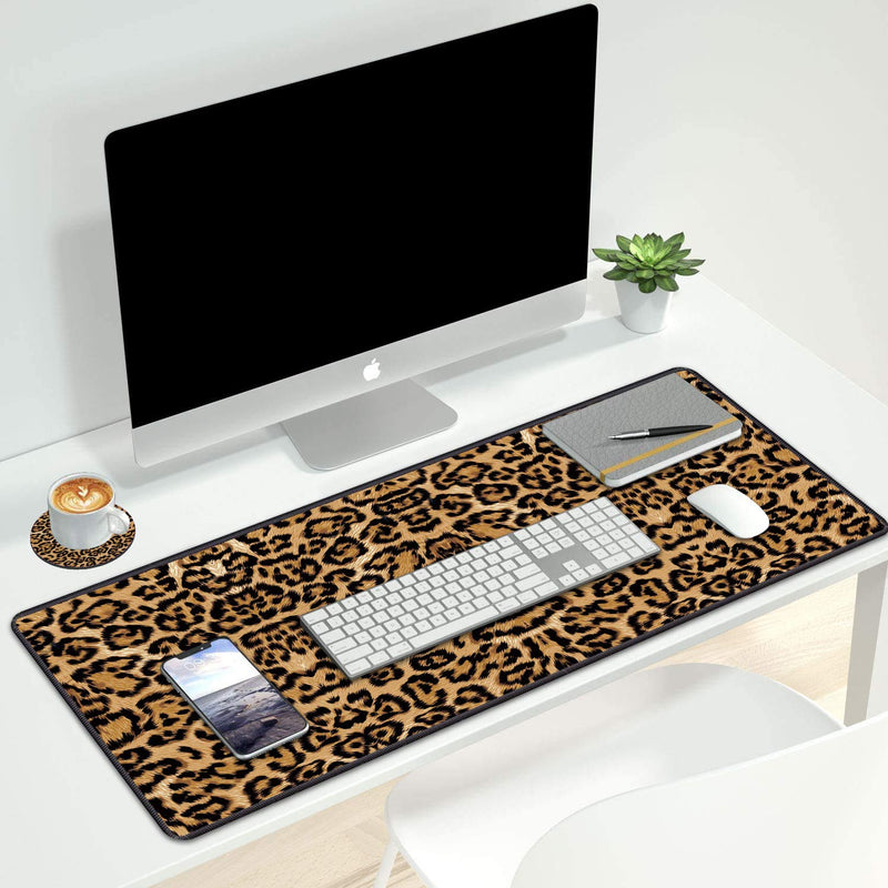 [Australia - AusPower] - Desk Pad Mat Gaming Mouse Pads with Coasters Set, Stitched Edges Design Mouse Pad XXL Large Mouse Pad for Laptop Computers Leopard Print Desk Writing Mat for Office & Home 31.5"x 11.8" 