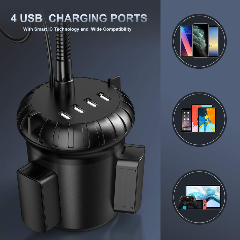 [Australia - AusPower] - Cup Holder Phone Mount, 2-in-1 Car Cigarette Lighter with 4 USB Charging Ports, Adjust Long Gooseneck Cell Phone Cup Holder for Car, Compatible with Cell Phone iPhone Samsung LG and More 