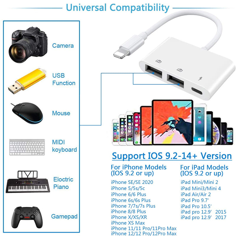 [Australia - AusPower] - Lightning to USB3 Camera Adapter, Dual USB Female OTG Cable Converter Portable USB Connector with Charging Port Compatible iPhone12,11,X,8,7,iPad,USB Drive,MIDI Keyboard,USB Ethernet Adapter,Hub,Mouse 