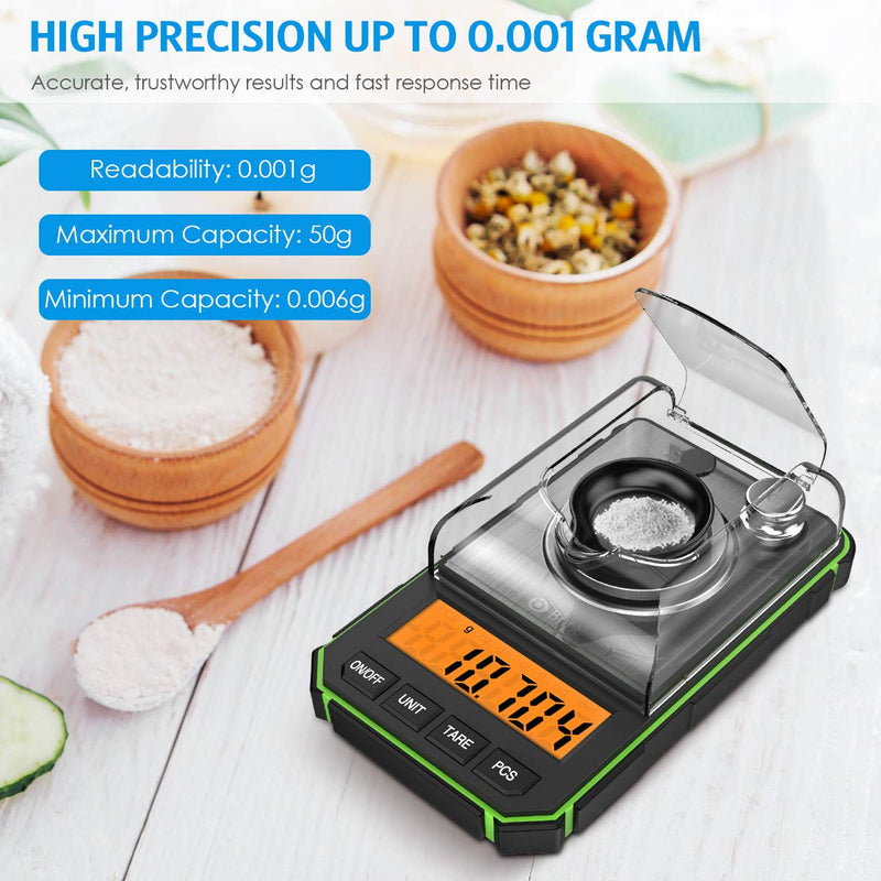 [Australia - AusPower] - Digital Milligram Scale, 50g Portable Mini Scale, 0.001g Precise Graduation, Professional Pocket Scale with 50g Calibration Weights Tweezers (Batteries Included) Green 